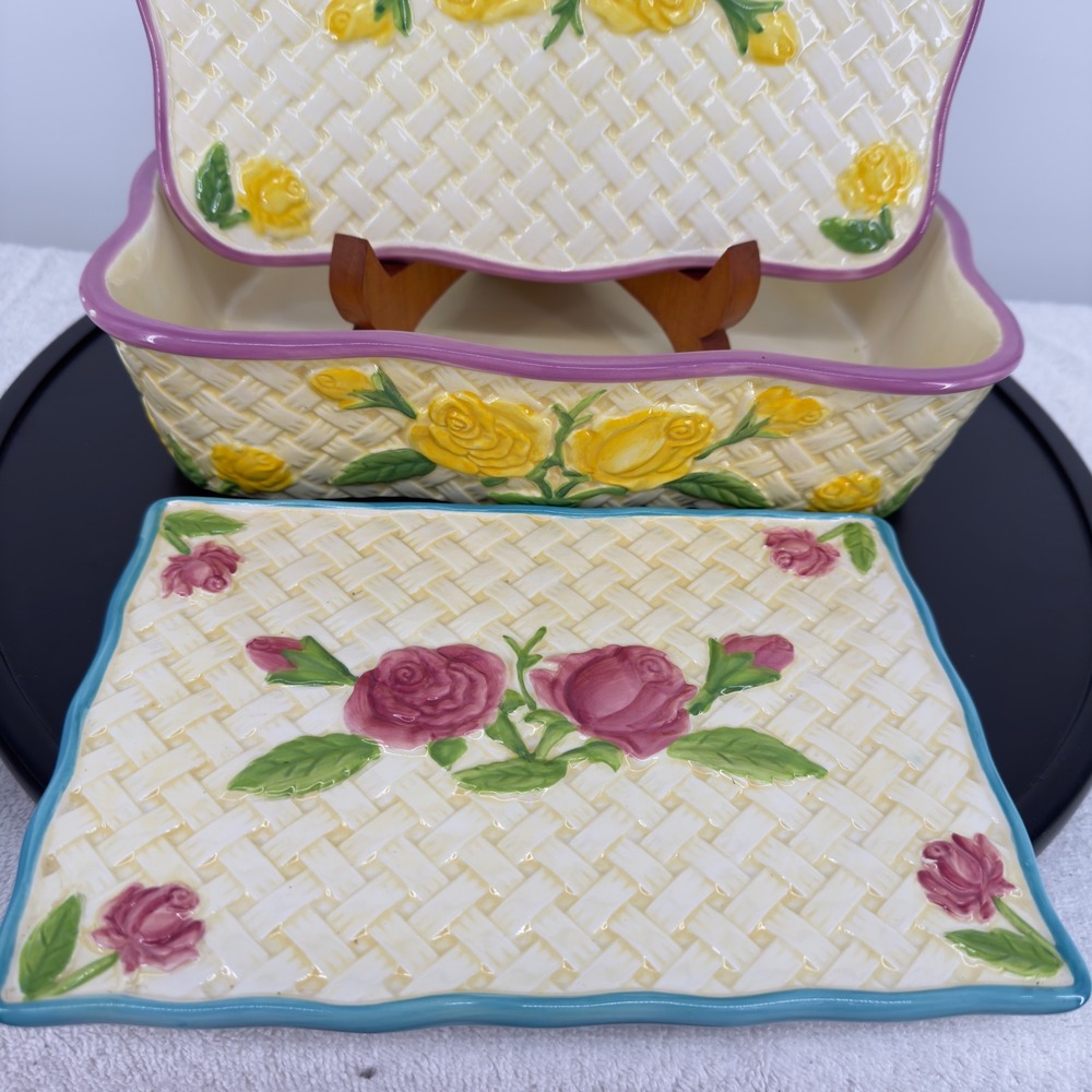 Temp-tations by Tara Floral Basketweave Casserole & Trivet Set Yellow Pink Rose - Picture 2 of 14